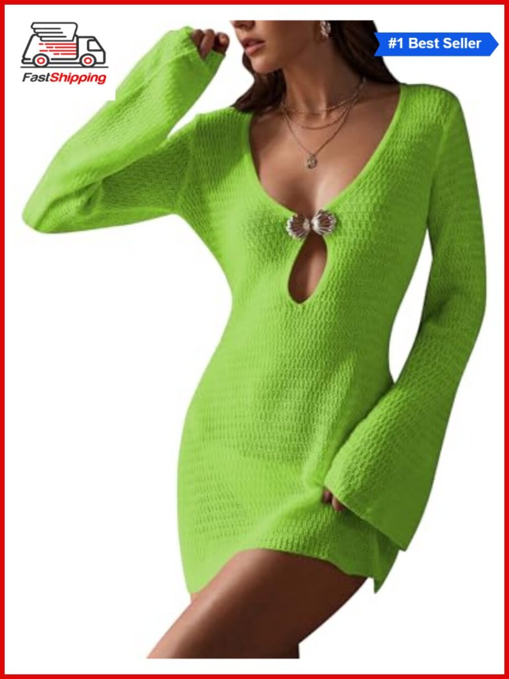 ✨ Womens Crochet Beach Cover Up Dress V-Neck Bell Sleeve 100% Viscose Mini Swim